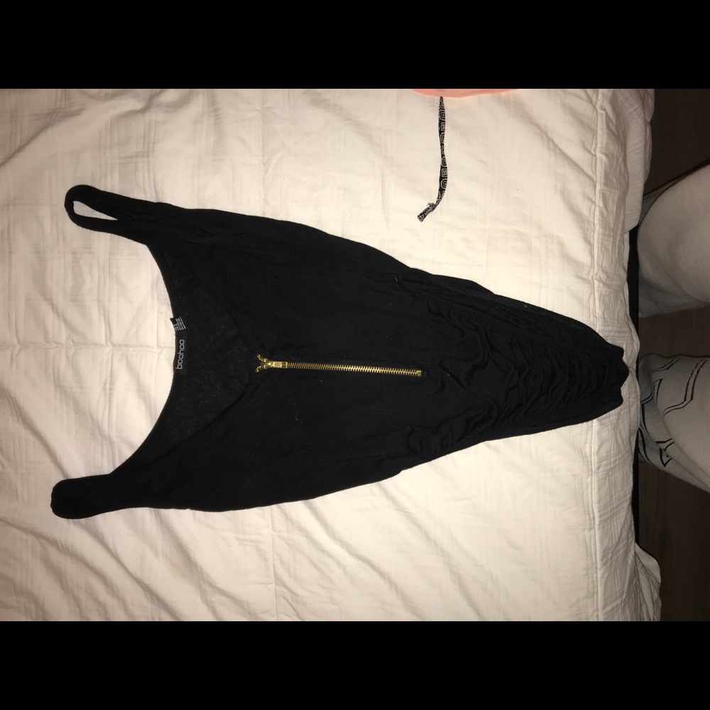 Boohoo black thong bodysuit with gold zipper